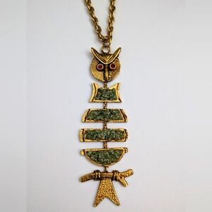 Bohemian Owl Necklace Large Pendant Gold Tone & Green Stones Vintage Boho Birds